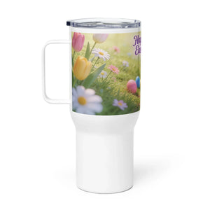 White travel mug with handle, featuring spring flowers and colorful Easter eggs design.