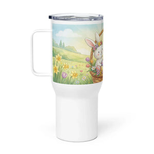 White travel mug with handle featuring a cute bunny in a spring flower field illustration.
