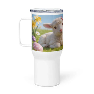 White travel mug with handle featuring a lamb, Easter eggs, and spring flowers design.