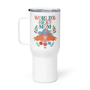 White travel mug with handle and 'World's Best Mom' floral graphic design