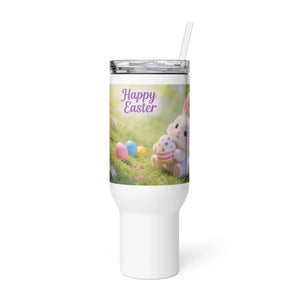White travel mug with handle, featuring a bunny, Easter eggs, and 'Happy Easter' text