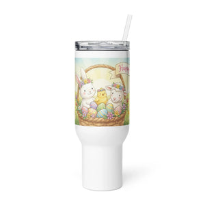 White travel mug with handle, Easter bunny, chick, and lamb with decorated eggs design