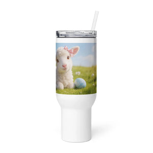 White travel mug with handle, featuring a cute lamb with pink bow and blue egg on grass