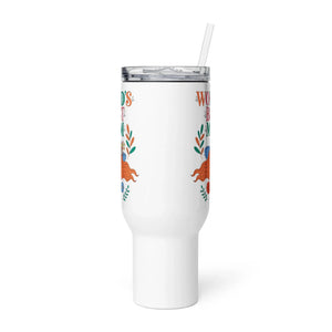 White 40 oz travel mug with handle, floral design, and clear lid with straw