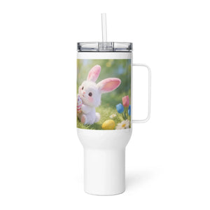 White travel mug with handle featuring cute bunny holding Easter egg, spring flowers background