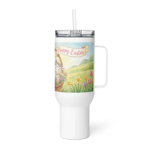 White 40 oz travel mug with handle, Easter bunny and spring flowers design, clear lid and straw