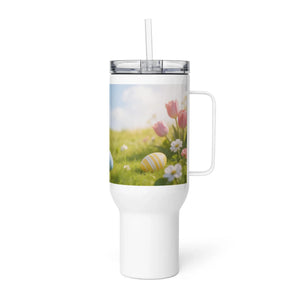 White travel mug with handle, featuring spring flowers and Easter egg design, 40 oz size