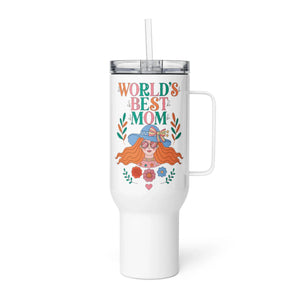 White travel mug with handle, floral design, and 'World's Best Mom' text illustration