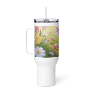 White 40 oz travel mug with handle, featuring spring flowers and Easter eggs design