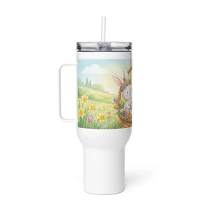 White 40 oz travel mug with handle, straw, and cute bunny in spring flowers design