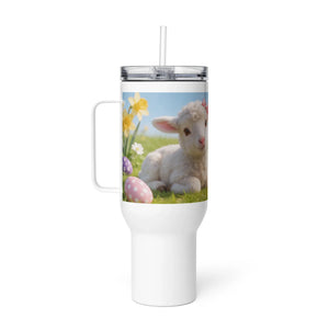 White travel mug with handle, featuring a cute lamb, daffodils, and Easter eggs design.