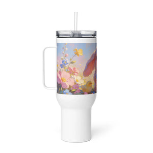 White travel mug with handle, featuring a bunny, chick, and spring flowers illustration.