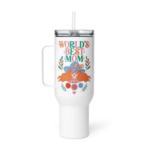 White 40 oz travel mug with handle, floral 'World's Best Mom' design and straw