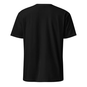 Unisex basic black softstyle t-shirt, back view, short sleeves, plain design