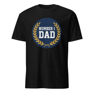 Black unisex t-shirt with 'Number 1 Dad' and gold laurel design on front