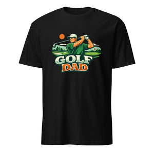 Black unisex t-shirt with 'Golf Dad' graphic and golfer illustration on front