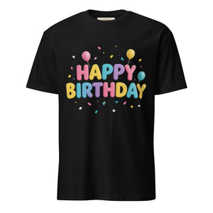 Black unisex t-shirt with colorful Happy Birthday text, balloons, and confetti graphic