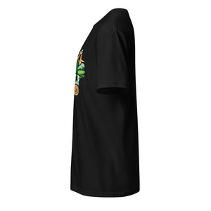 Unisex black softstyle t-shirt with colorful graphic design, shown left side view