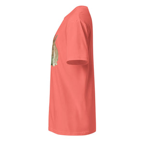 Coral silk unisex t-shirt with cute bunny graphic, side view