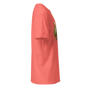 Coral silk unisex short sleeve t-shirt with subtle side graphic, right side view