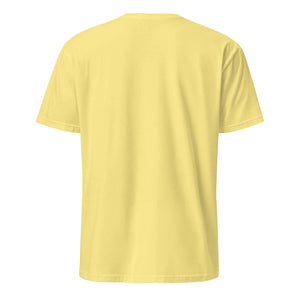 Unisex cornsilk yellow basic softstyle t-shirt shown from the back on white background