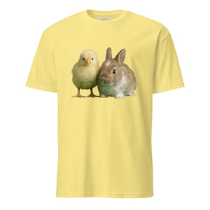 Yellow unisex t-shirt with chick and bunny graphic on front