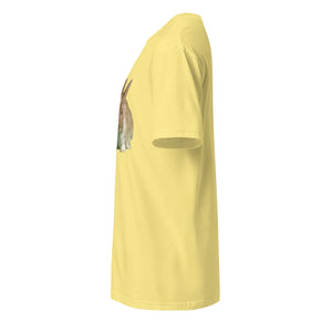 Unisex soft yellow t-shirt with brown bunny graphic, side view product photo