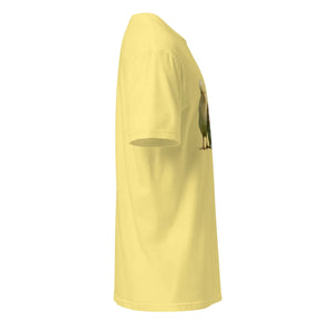 Unisex softstyle cornsilk yellow t-shirt with bird graphic, side view, plain background