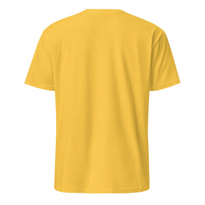 Back view of plain unisex basic yellow t-shirt, soft cotton material.