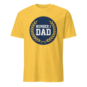 Yellow unisex t-shirt with 'Number 1 Dad' navy emblem and laurel graphic on front