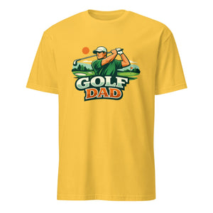 Yellow unisex t-shirt with graphic of golfer and 'Golf Dad' text on front.