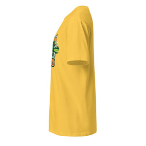 Yellow unisex t-shirt side view with partial colorful front graphic print