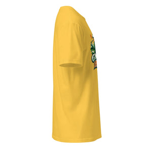 Yellow unisex short sleeve t-shirt with colorful graphic, side view