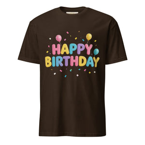 Dark brown unisex T-shirt with colorful 'Happy Birthday' balloon letters and confetti design