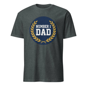 Dark heather unisex t-shirt with Number 1 Dad text and laurel wreath graphic on the front