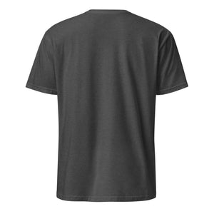 Back view of a dark heather grey unisex short sleeve t-shirt on white background