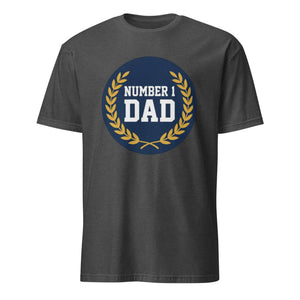 Dark heather grey unisex t-shirt with 'Number 1 Dad' text and gold laurel design on front