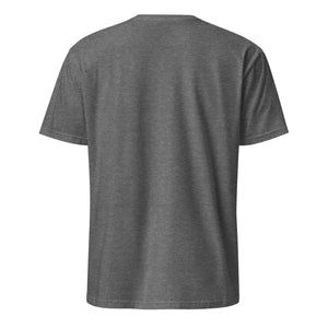 Back view of unisex graphite heather softstyle t-shirt on white background