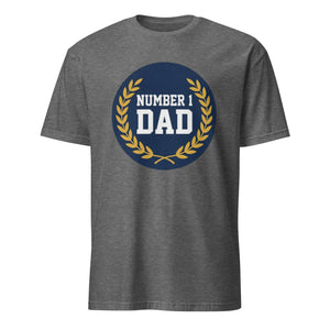 Graphite heather unisex t-shirt with 'Number 1 Dad' text and laurel wreath graphic on front
