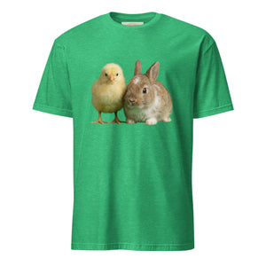 Heather Irish green unisex t-shirt with chick and bunny graphic on front