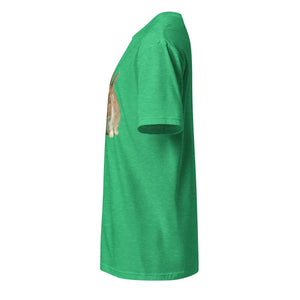 Heather Irish green unisex t-shirt with cute brown bunny graphic, left side view