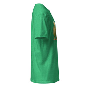 Side view of a unisex heather Irish green T-shirt with soft fabric and bird graphic print