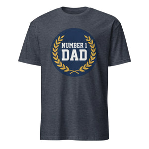 Heather navy unisex t-shirt with 'Number 1 Dad' and gold laurel wreath graphic on front.