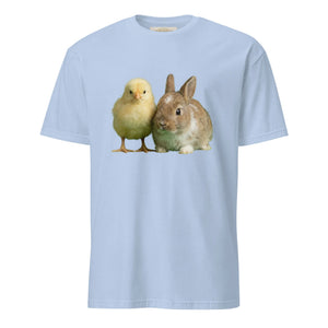 Light blue unisex t-shirt with cute chick and bunny graphic on front