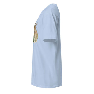 Light blue unisex t-shirt with rabbit graphic, side view, soft cotton casual apparel