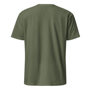 Unisex military green softstyle t-shirt shown from the back on a plain background