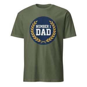 Military green unisex t-shirt with 'Number 1 Dad' text and gold laurel wreath graphic