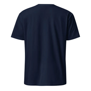 Unisex navy blue basic softstyle t-shirt shown from the back on white background