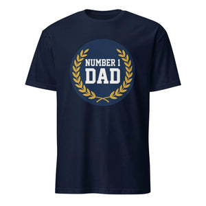 Navy blue unisex t-shirt with 'Number 1 Dad' and gold laurel graphic on front