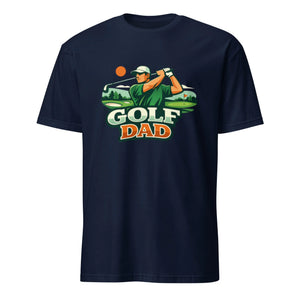 Navy unisex t-shirt with 'Golf Dad' text and golfer graphic, perfect gift for golf lovers.